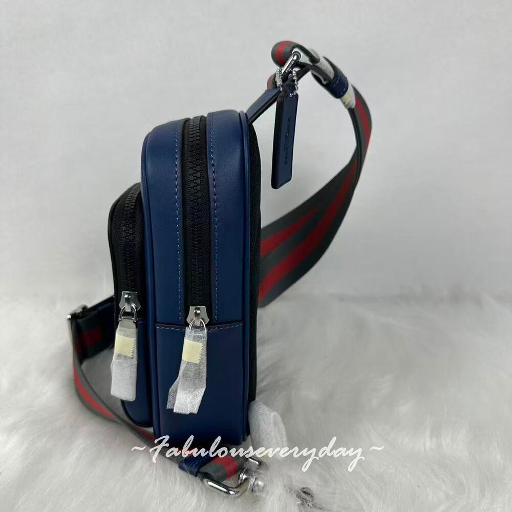 Coach Men's Racer Sling Pack With Varsity Stripe Webbing Leather/Deep Blue CDC85 - Picture 4 of 11